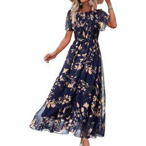 Women's Navy Leaf 2 Chiffon Flowy Flutter Short Sleeve Crew Neck Summer Maxi